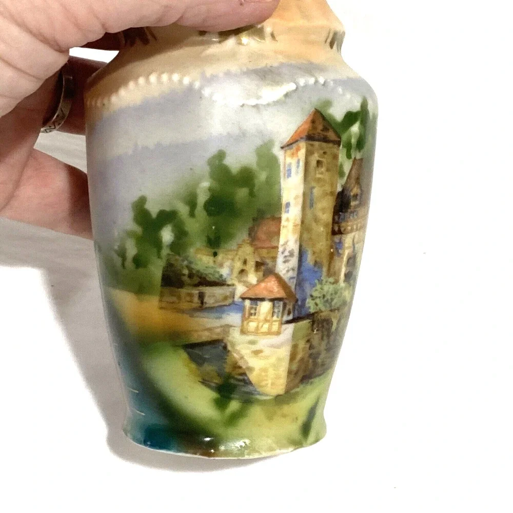 Vintage handpainted porcelain sugar shaker castor muffineer castles landscape